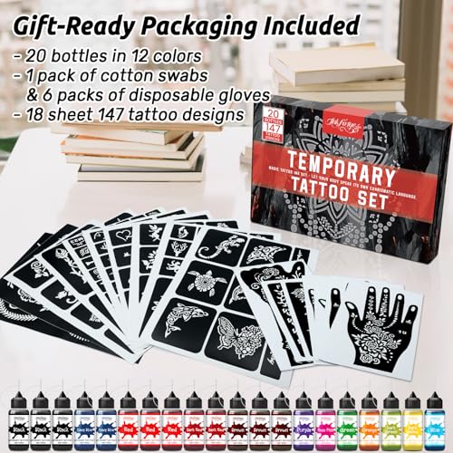 InkForge Temporary Tattoo Ink Kit with 147 Stencils - 20 Bottles, 12 Colors
