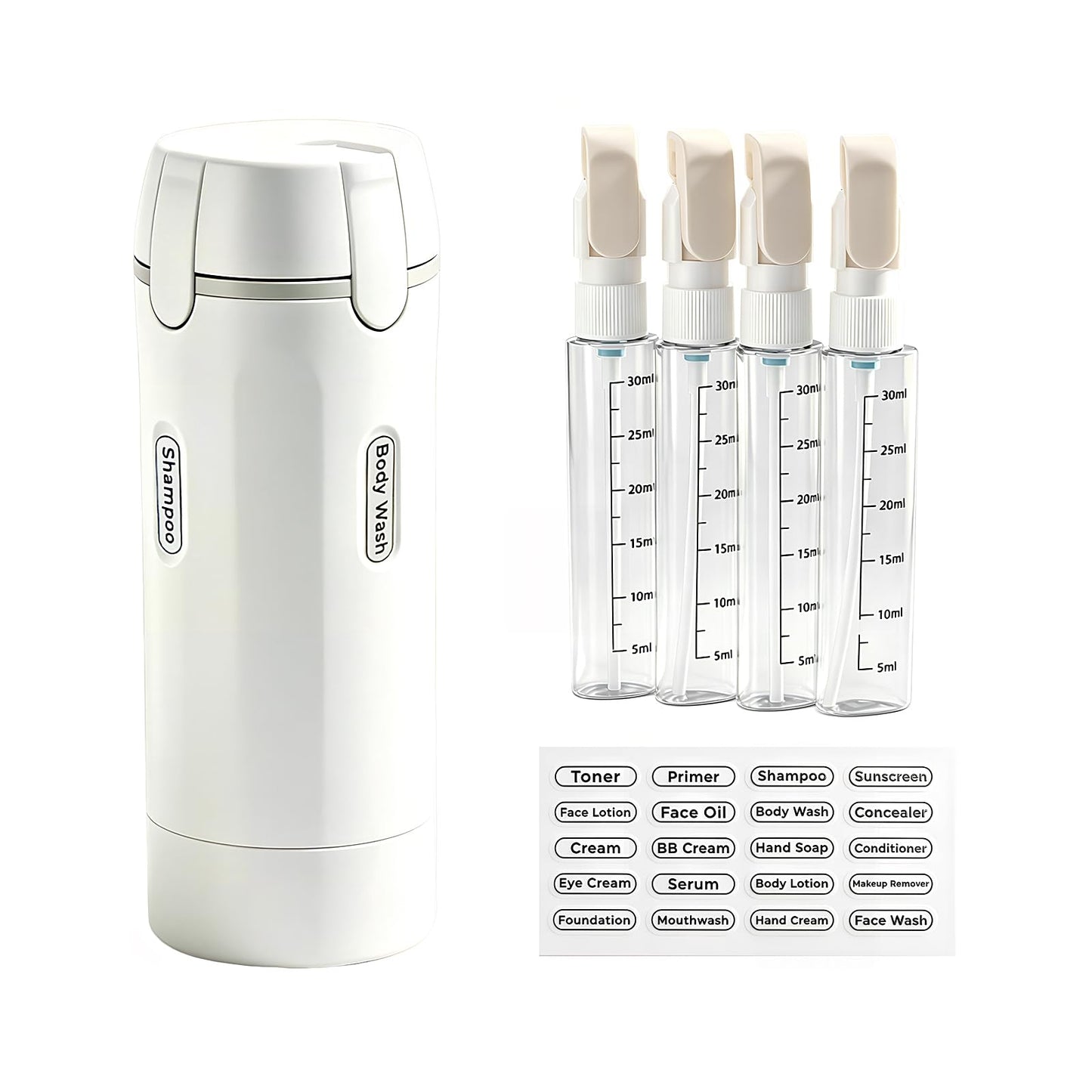 ZXAPJJD 4 in 1 Travel Dispenser Bottle, Leakproof Rotatable Travel Pump Bottles for Toiletries, TSA Approved Hard Shell Liquid Containers (4x30ml/1oz), Essentials for Women & Men (White)