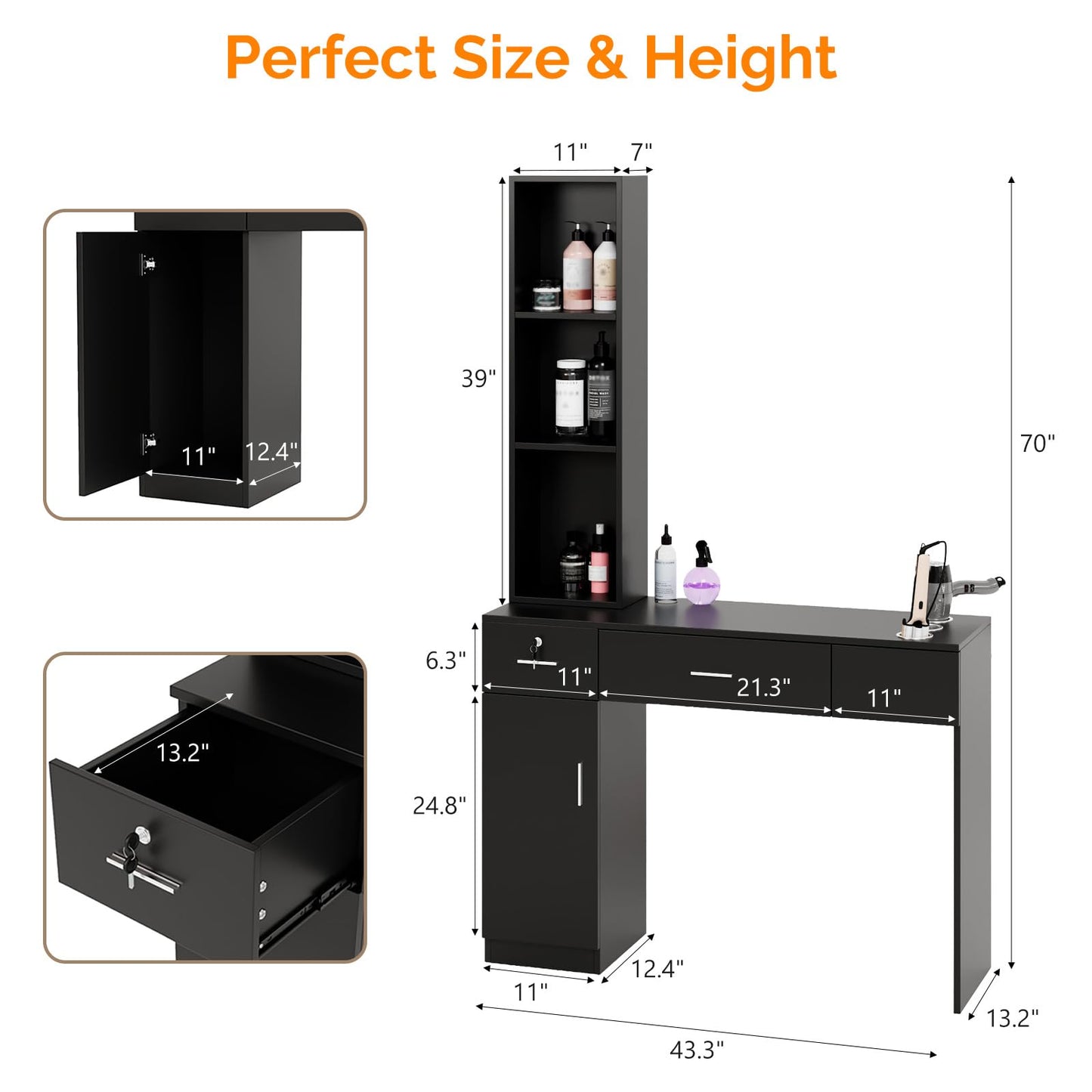OmySalon Salon Stations for Hair Stylist, Locking Barber Station Organizer, Wall Mount Hair Styling Equipment with 2 Drawers, 1 Storage Cabinet, 3 Open Shelves, for Beauty Spa Hairdresser, Black