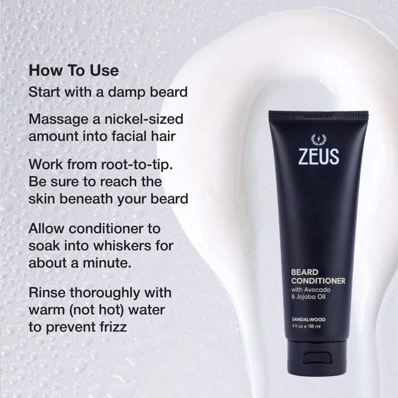 ZEUS Italian Cypress Beard Conditioner Wash with Essential Oils for Men, Deep Cleansing Hydration for Softer Facial Hair with Avocado, Aloe Vera & Jojoba Oil (Made in USA) 4 oz.
