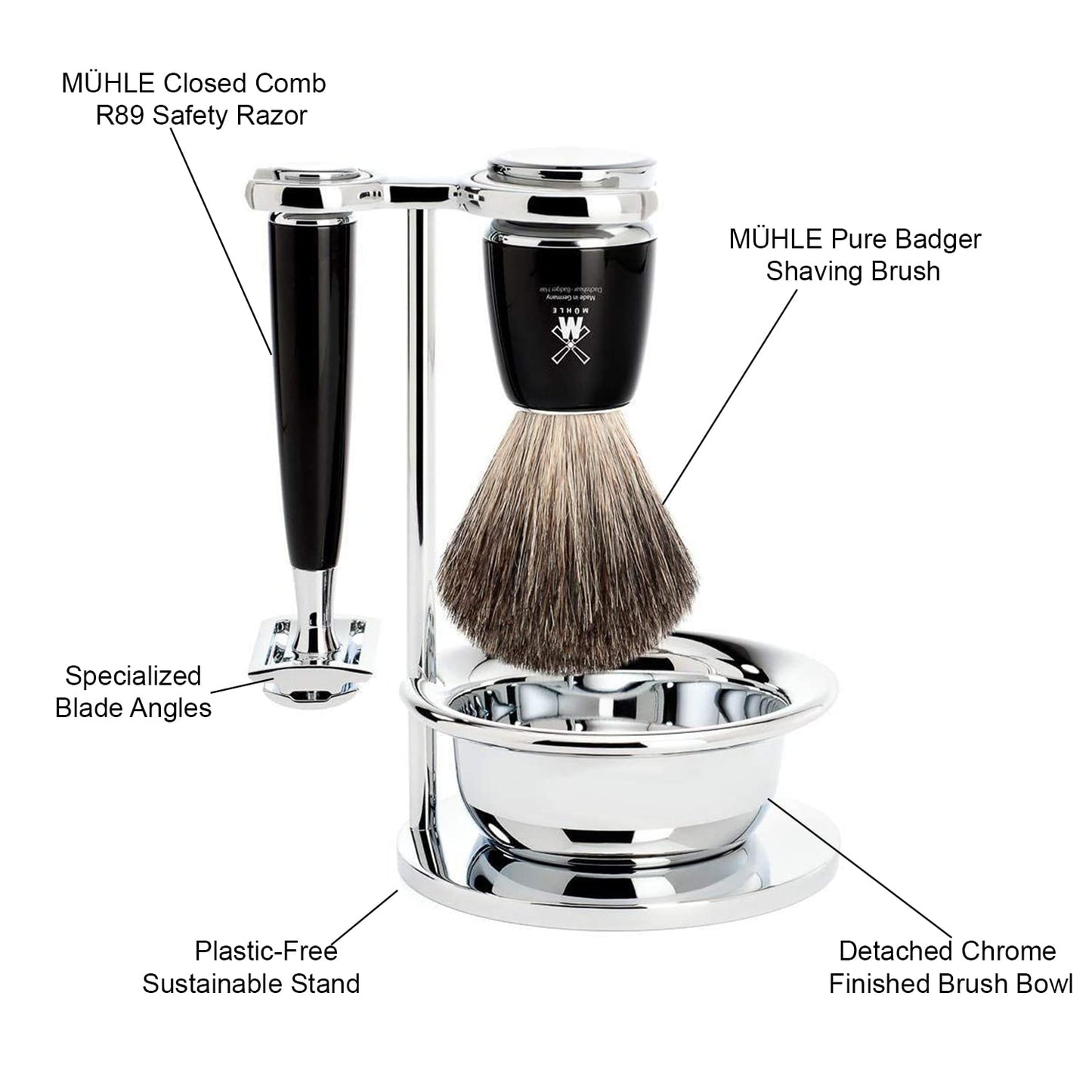 MÜHLE RYTMO 4-piece Pure Badger Double Edge Safety Razor (Closed Comb) Shaving Set For Men - Perfect for Every Day Use, Barbershop Quality Close Smooth Shave