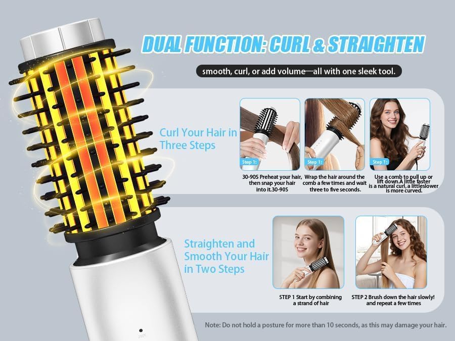 Cordless Curling Iron Brush - 3-in-1 Mini Travel Heated Styling Tool | Rechargeable, 1.5-Inch, White