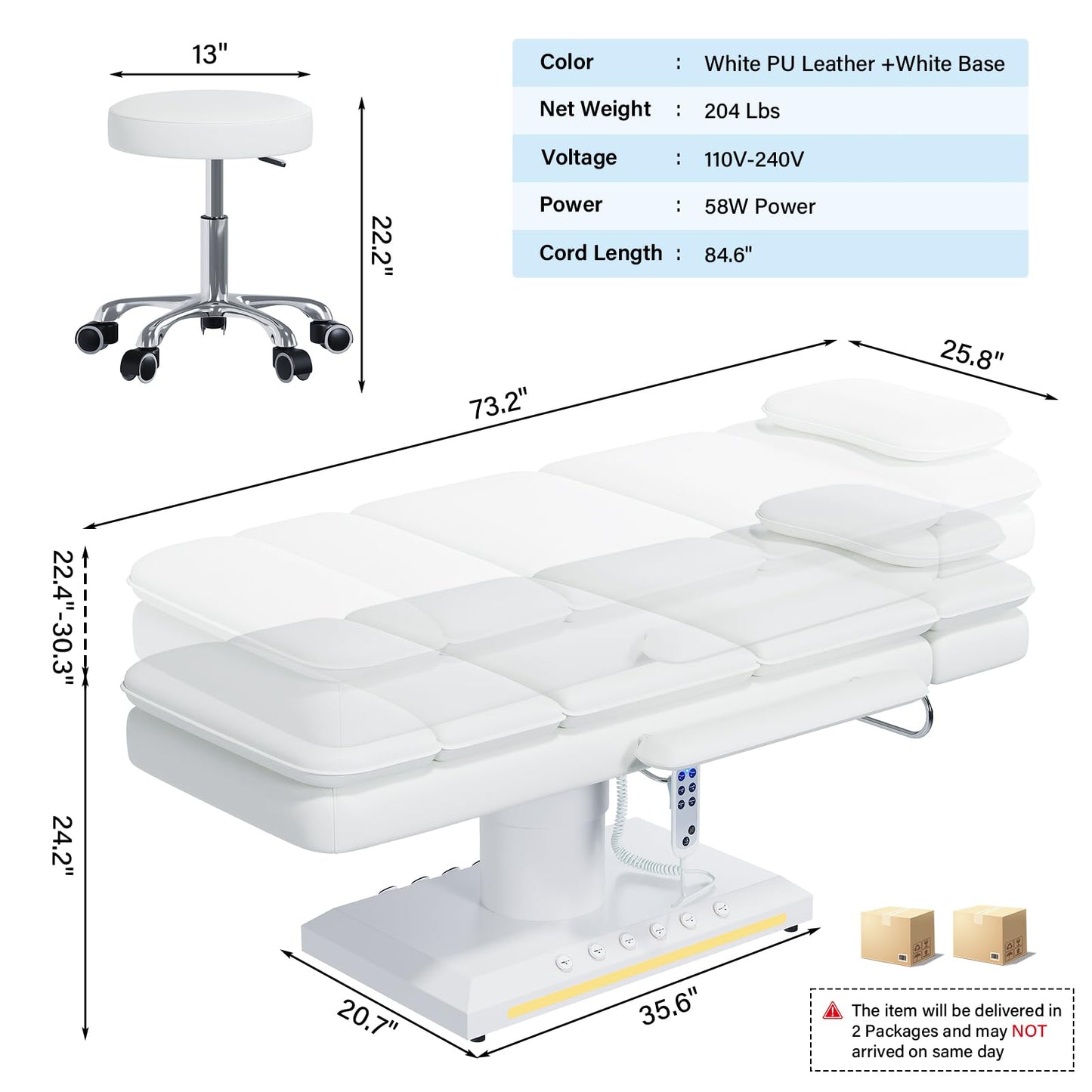 HolaiNail Electric Massage Table w/Stool, 3 Motor Professional Spa Bed, Foot Pedal & Remote Control, Height Adjustable Wide Facial Table for Salon & Spa (White | with Rolling Stool)