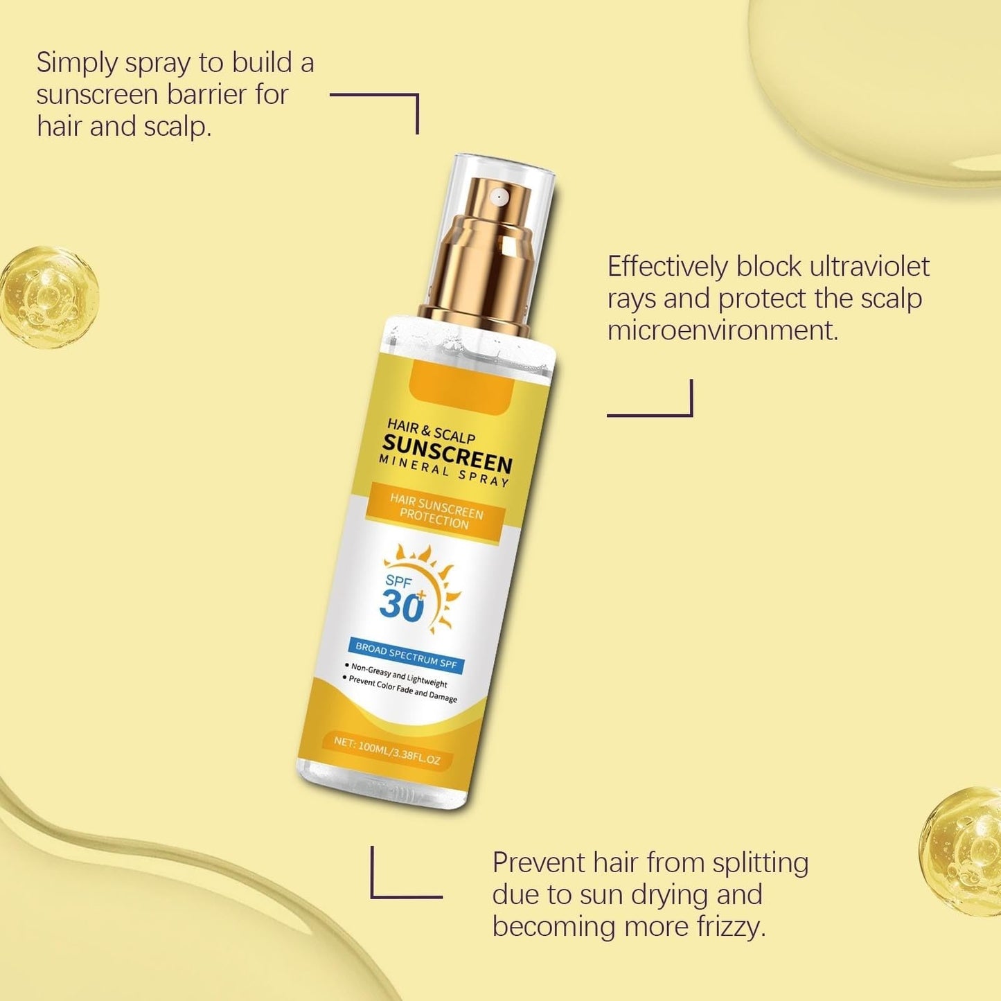Hair & Scalp Sunscreen Spray SPF 30+, UV Protection Spray for Hair & Scalp, Lightweight Non-Greasy Water-Resistant Formula, Ideal for Outside (1pc)