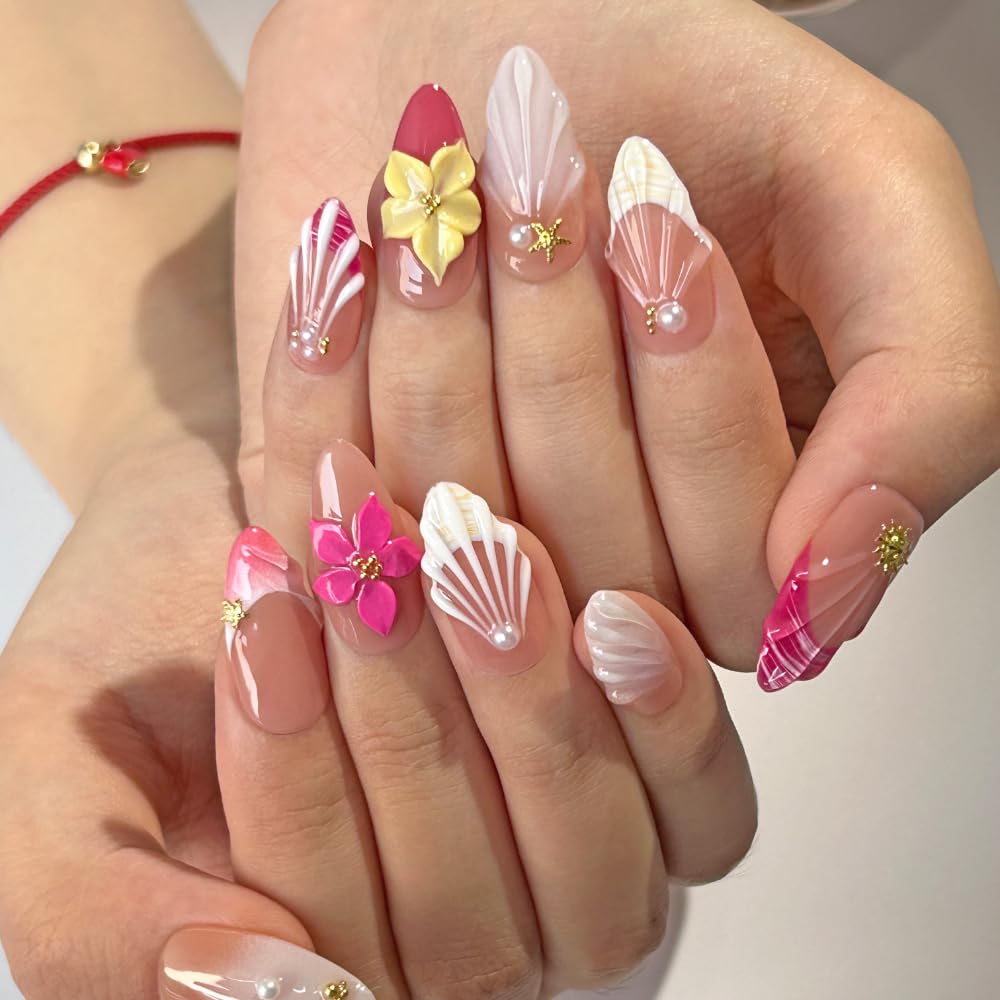 Press On Almond Nails - Handmade 3D Design, Thick Acrylic Gel | Reusable DIY Artificial Nails for Women (10 Pieces)