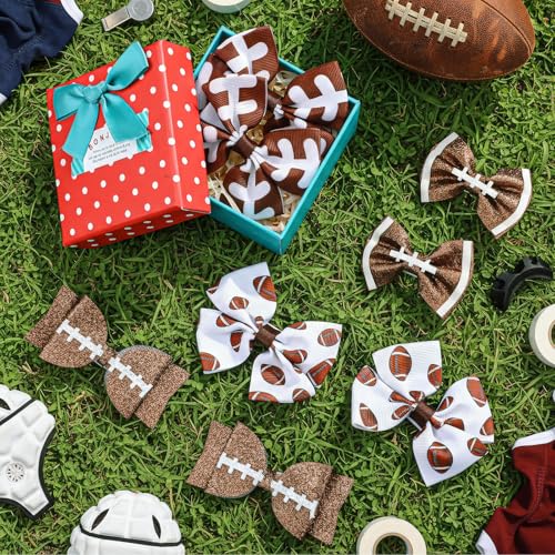 Suncalla 8-Piece Football Bow Hair Clips for Girls - Glitter Game Day Hair Accessories