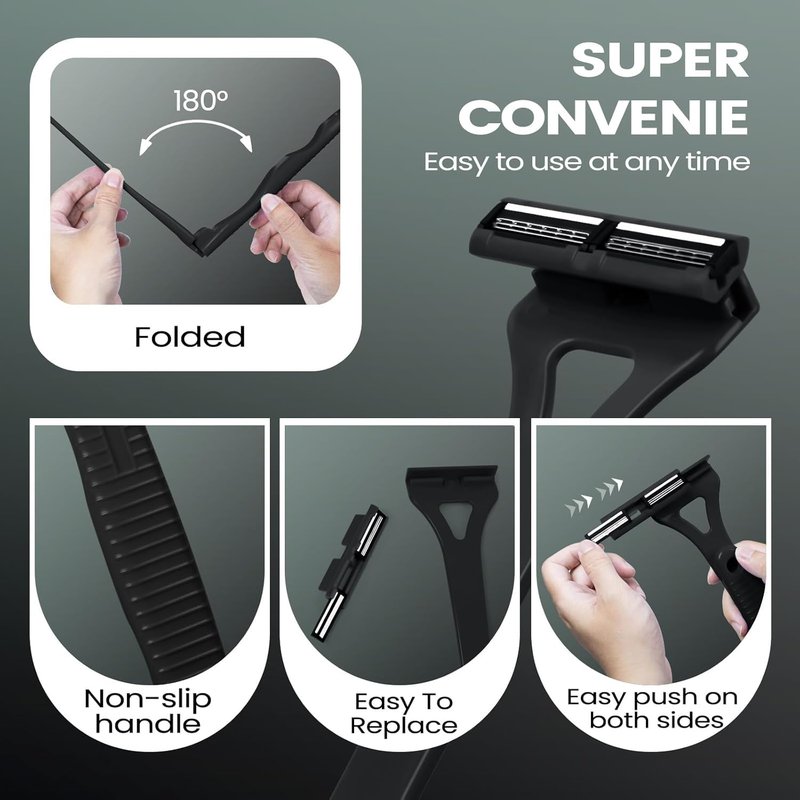 ETbyto Back Shavers for Men with Foldable Long Ergonomic Handle: DIY Hair Shaver, Replaceable Safety Blade & Portable Razor Groomer for Men, Wet & Dry Shaving - Black (8PCS Blades Included)