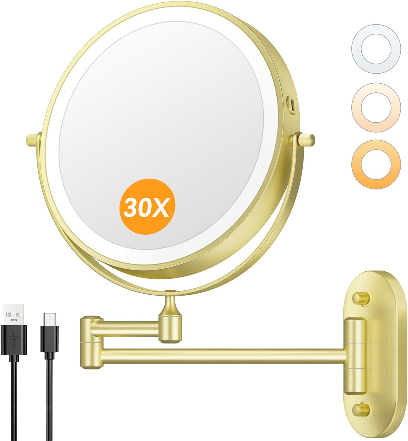 Lighted Makeup Mirror - 1X/30X Double-Sided Magnifying Mirror with 3 Color Touch Dimmable Lights | 8" Rechargeable, 360° Rotating Arm, Brushed Nickel
