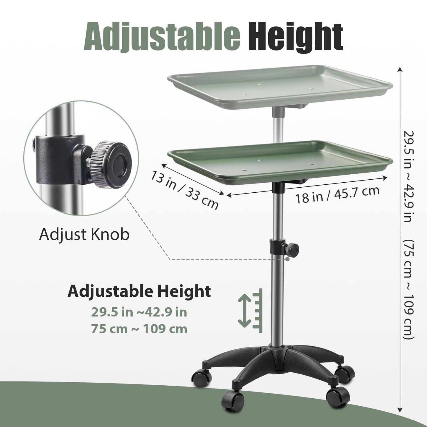 Salon Tray On Wheels Tattoo Tray Rolling Trolley Adjustable Height Storage Utility Cart for Clinic Spa Rolling Tray (Black) (Green)