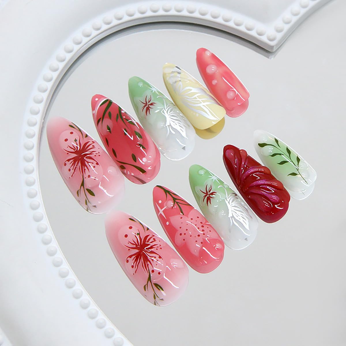 Press-On Nails - 24Pcs Pink Floral Almond Fake Nails with 3D Butterfly Designs | Medium Length, Full Cover