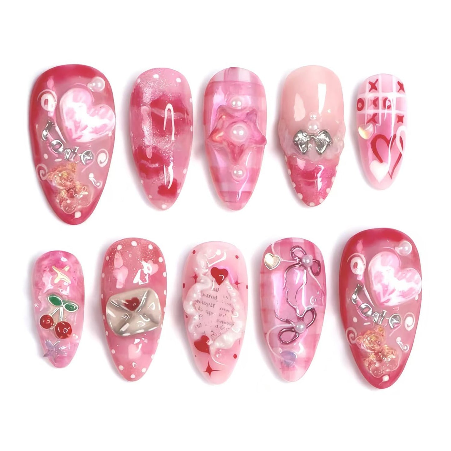 Valentine's Press-On Nails - 30 Pcs Short Almond Red French Tip with Pearl & Gold Bow | Romantic Heart Acrylic Set