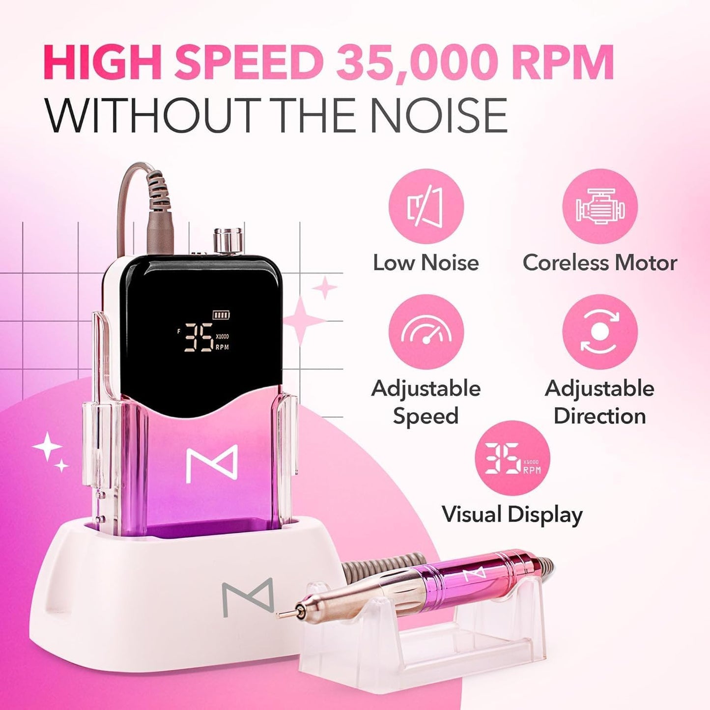 Professional Nail Drill Machine - Cordless 2-in-1 Electric Nail File - 35000 RPM, HD Display | Rose Gold