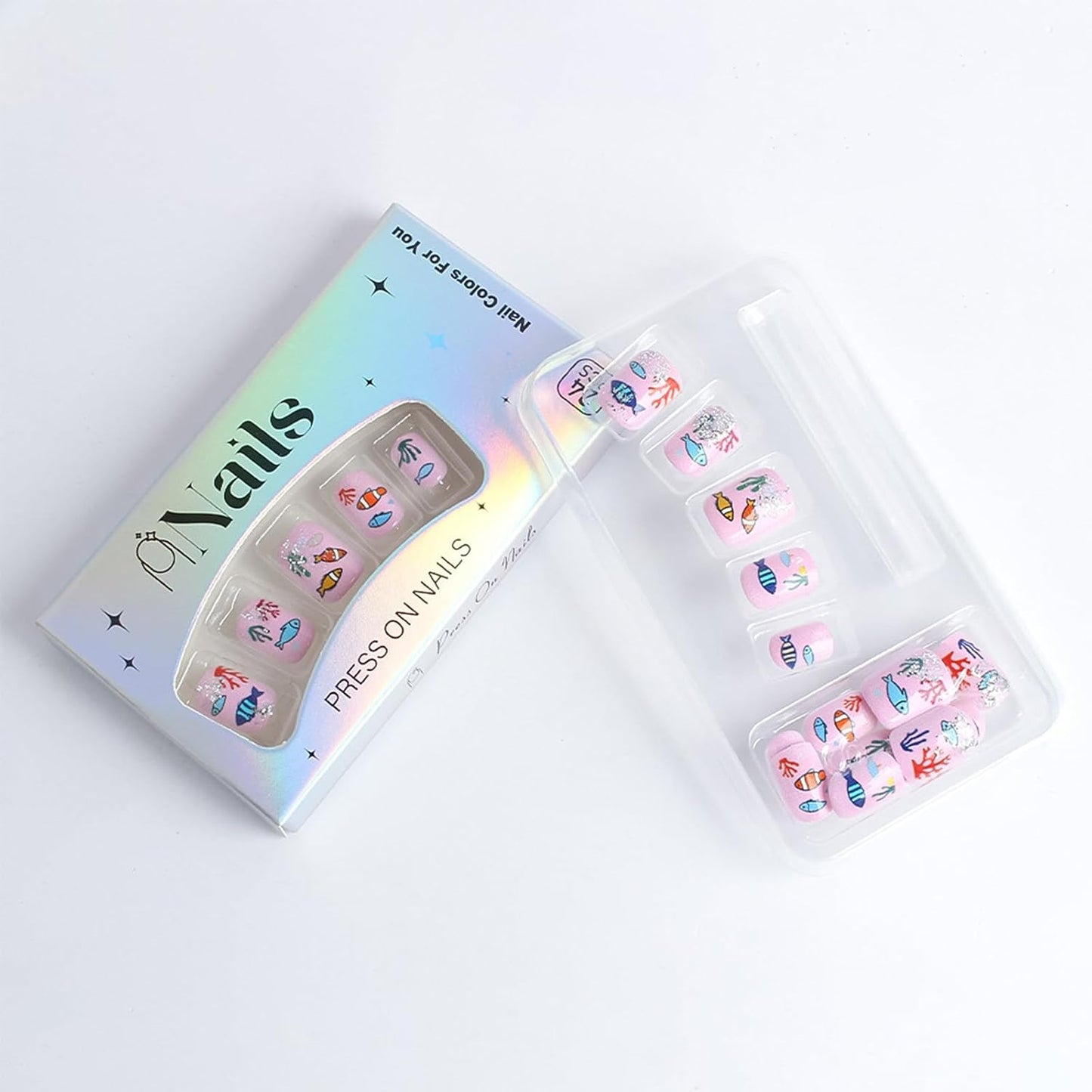 Press On Nails - Short Square Pink Fake Nails with Sea Fish Coral Designs | Glossy Glitter Reusable 24 Pcs