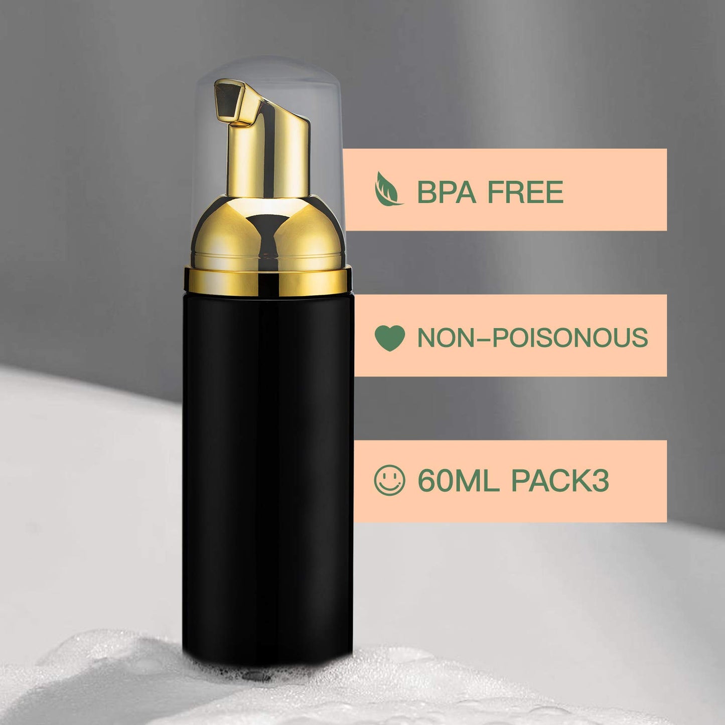 Owlyee Travel Foam Pump Bottle - 2oz Small Size Foaming Hand Soap Dispenser - Mini Portable Mousse Lash Shampoo Kit Container for Hair - Empty Leak Proof Plastic Gold&Black Foamer 30Pack