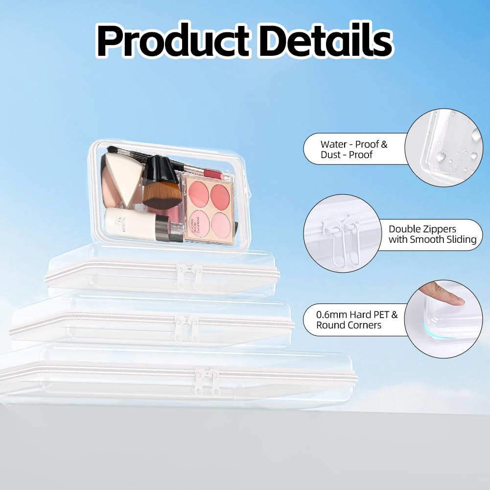 5 Pack Clear Hard Shell Zipper Case (2S,2M,XL), 1.2mm Crush-Proof Transparent Storage Pouches, Hard Plastic Packing Cubes & Organizer Bags for Travel, Pencil, Cosmetics, Toiletry, Toys Storage