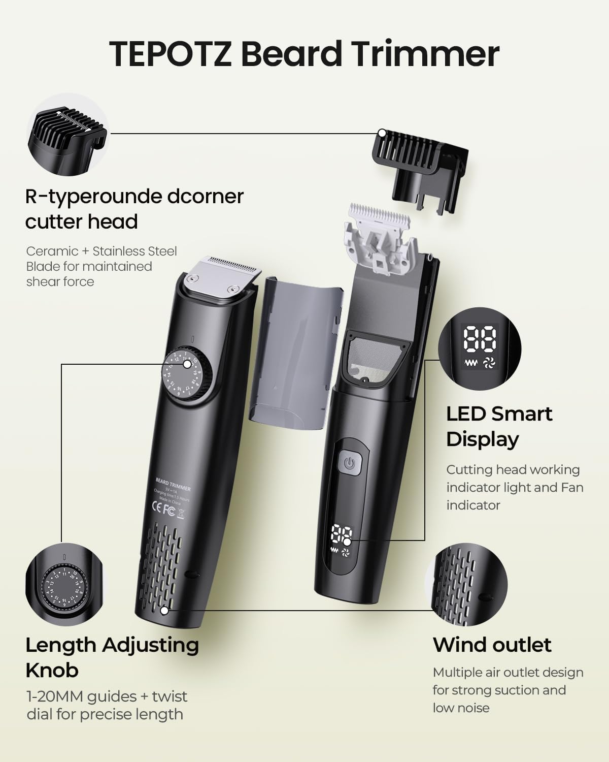 Beard Trimmer for Men - Adjustable Length Stainless Steel Blade | Waterproof Wet/Dry with LCD Display
