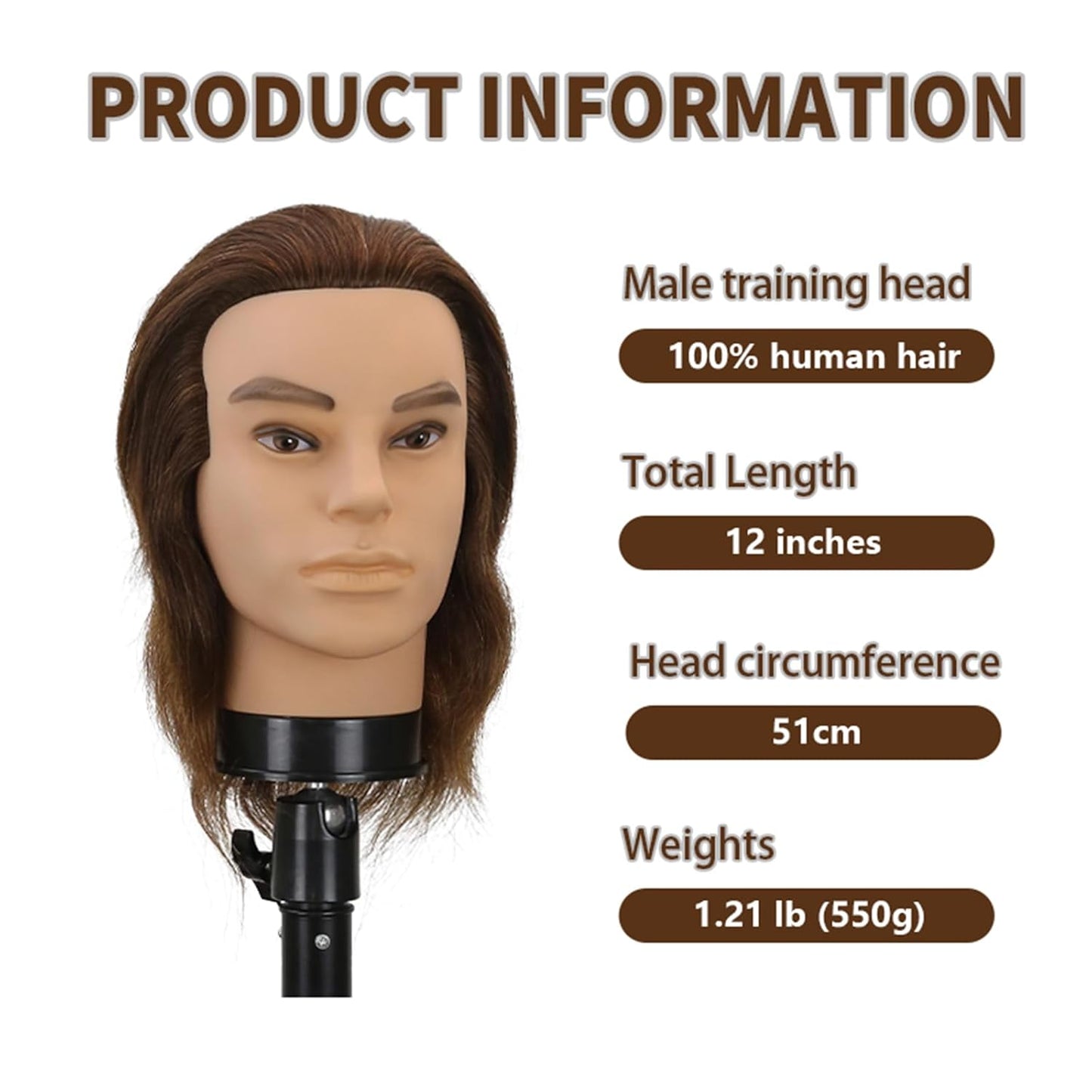 Male Barber Mannequin Head - 12-Inch Real Human Hair Styling Practice Doll | Haircut & Hairdresser Training Tool