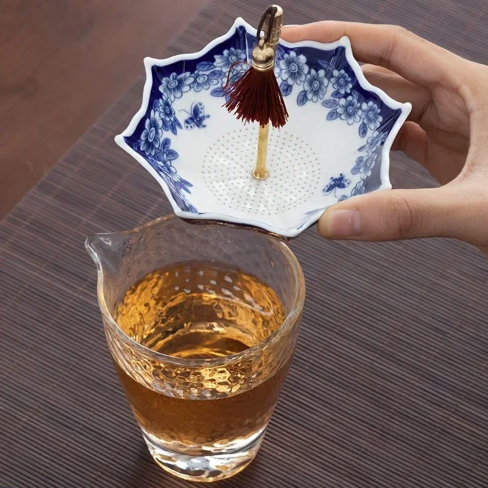 Ceramic Umbrella Tea Strainer with Tassel Chinese Traditional Style Tea Infuser, Ceremony Accessories with Tassel(Blue Flower)