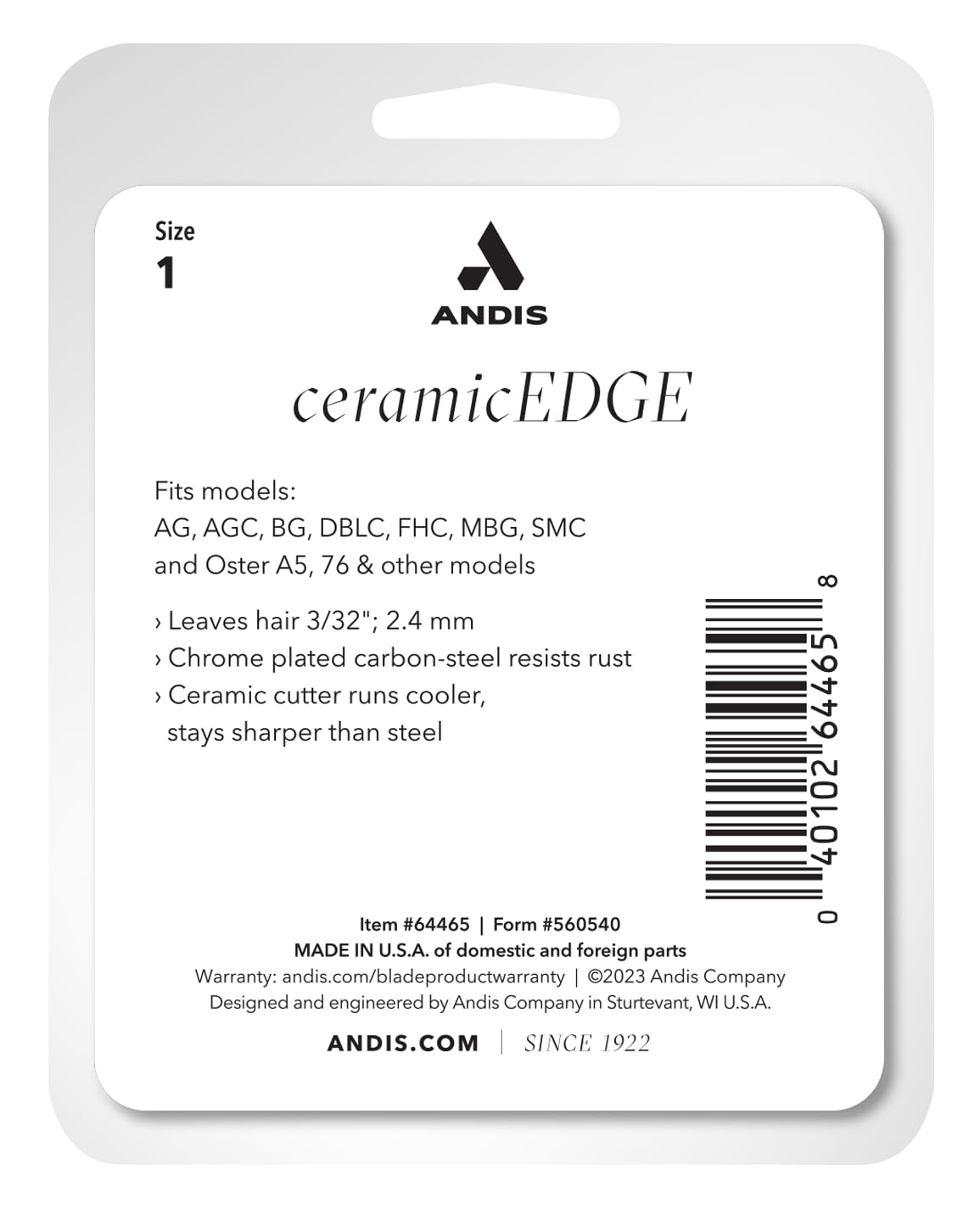 Andis 64465 CeramicEdge Carbon-Infused Detachable Clipper Blade, Size 1, 3/32-Inch Cut Length