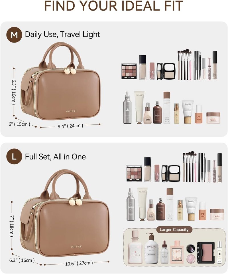 Makeup Bag for Women - Large Capacity Waterproof Travel Organizer | Portable Flat Toiletry Bag with Brush Holder (Brown Medium)