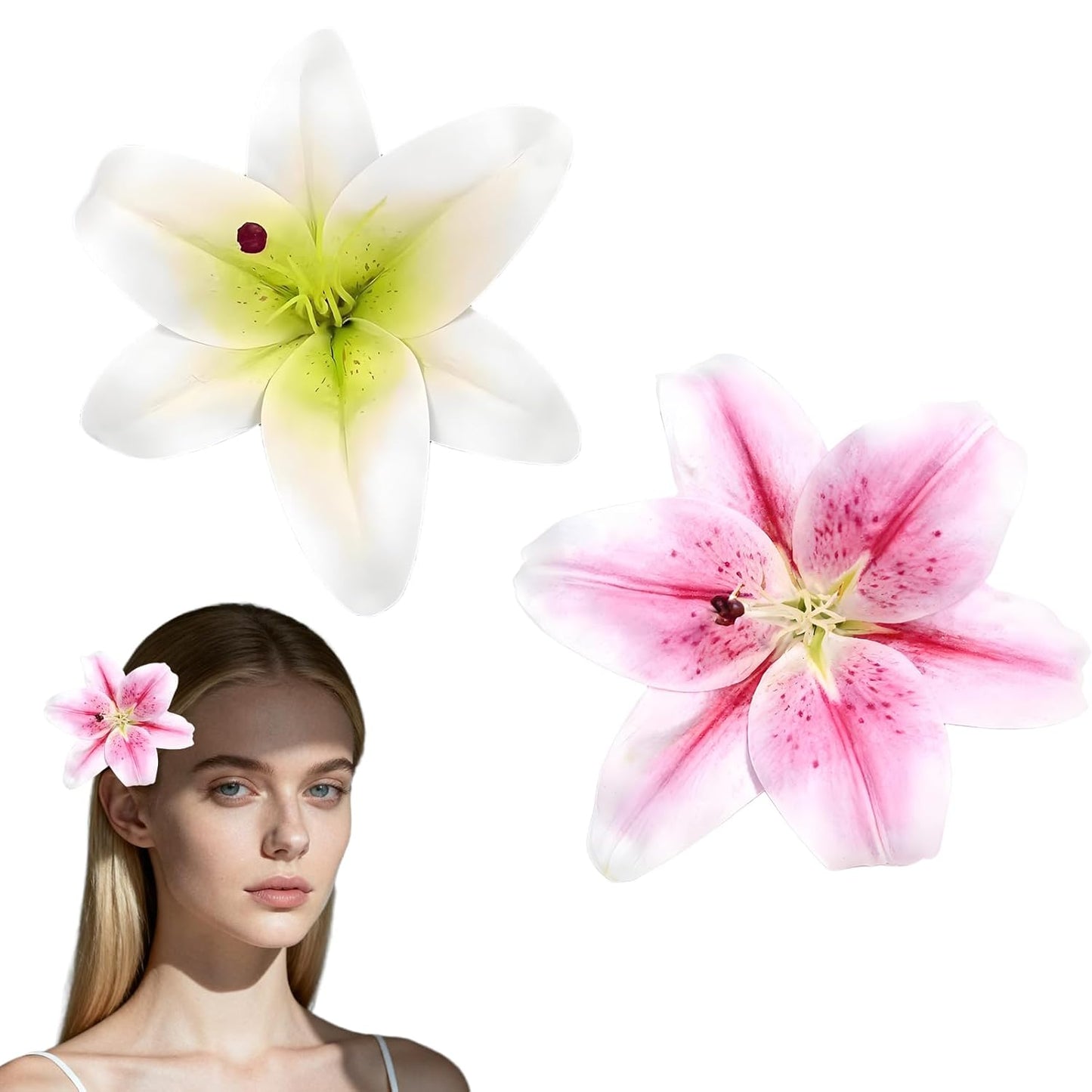Tropical Pink & White Hair Flower Lily Clip Set - 2 Pcs Faux Hawaiian Accessories for Weddings & Beach Parties