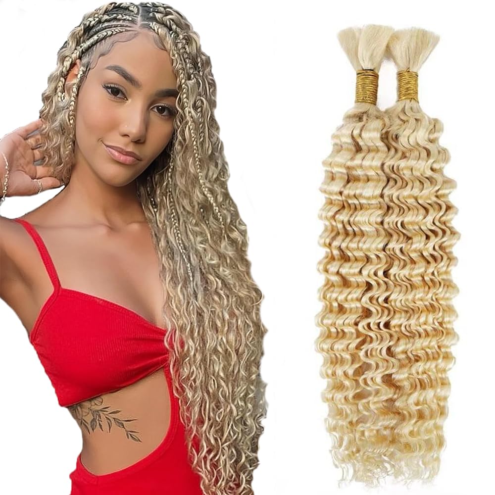LadrXadr 613 Boho Human Hair Braiding 613 Human Boho Hair Blonde Deep Wave Braiding Color 613 Deep Curly Wave Braids Color 613 Blonde Braids 16 16 Inch 100g