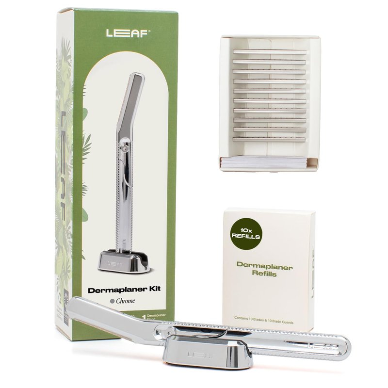 Leaf Shave | Leaf Dermaplaner Kit, All-Metal Reusable Dermaplane Razor and Exfoliating Tool for Women, Includes Matching Stand and 10-Pack of Refills - Chrome