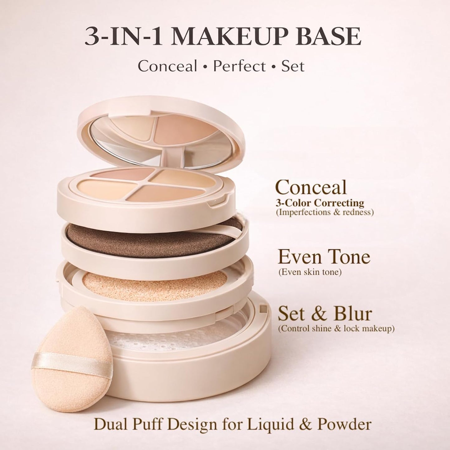 3 in 1 Makeup Base Compact - Concealer, Cushion Foundation & Setting Powder | Lightweight Travel Kit (Hydrating)