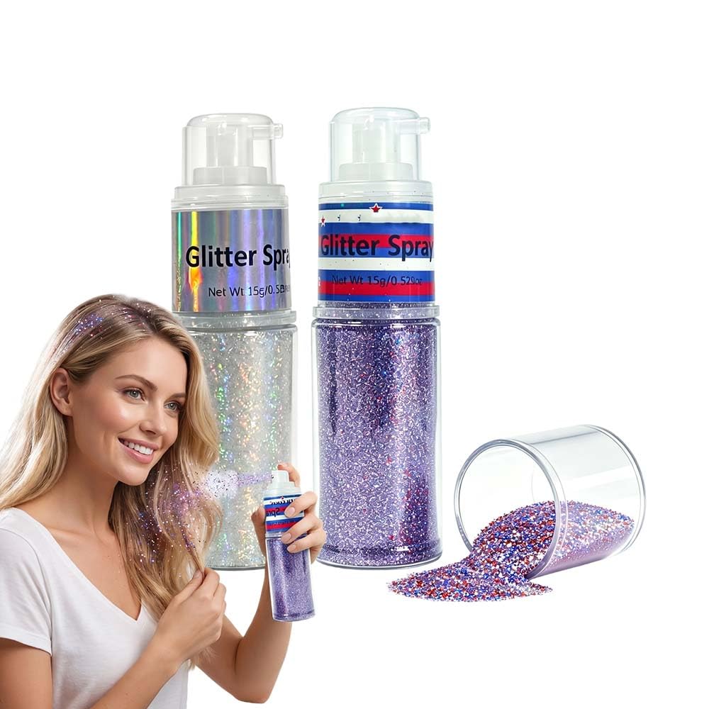 Red White Blue Glitter Spray for Hair and Body, Patriotic Shimmer Spray for 4th of July Independence Day Festivals and Parades, Sparkle for Women Party Looks (2pcs USA Flag Color+Silver-Rainbow)