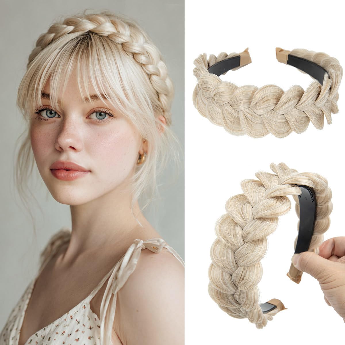 Braided Headbands for Women - Handmade Synthetic Hair Hoops with Teeth | Sand Color, 1PC