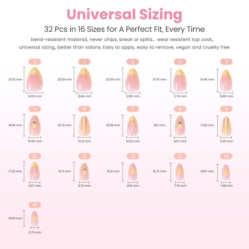 Press On Nails - Lemon Tart Soft Pink Short Almond with Wavy Yellow French Tips & 3D Jewels | 32 Pcs in 16 Sizes