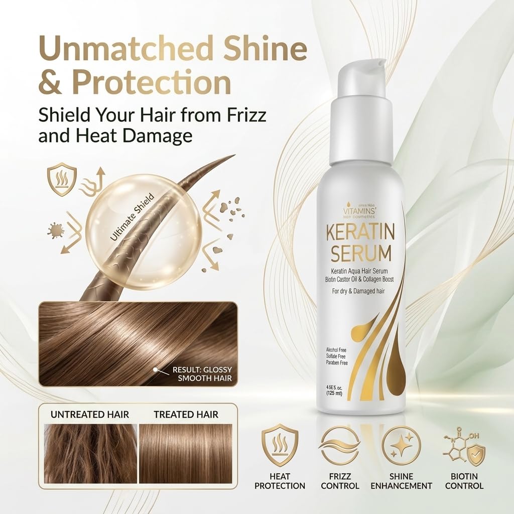 Keratin Hair Serum with Biotin, Castor Oil & Collagen - Anti-Frizz Leave-In Treatment for Dry, Damaged Hair | 4.25 fl oz (125mL)