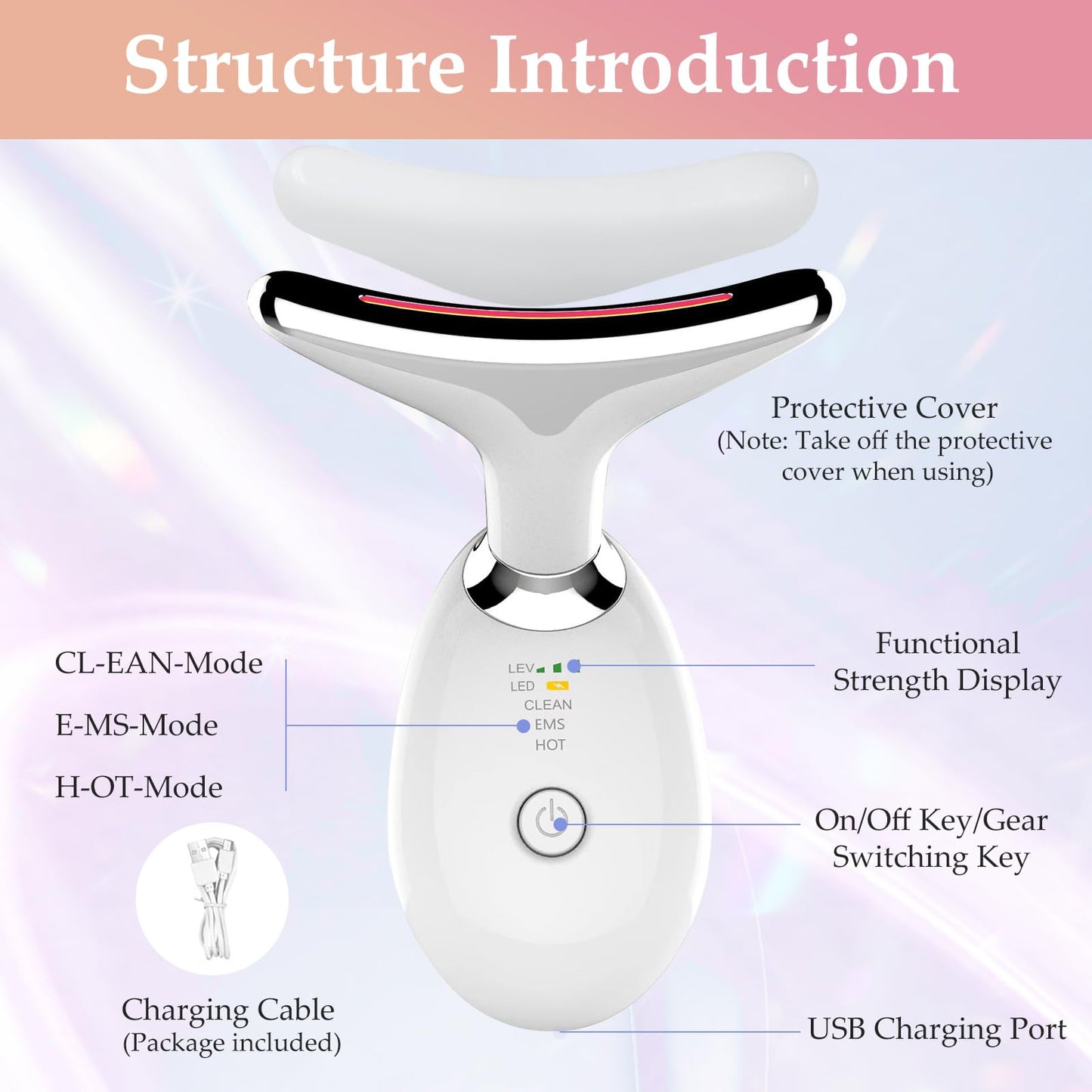 erdnretl Face and Neck Massager Tool, 7 Colors LED Womens Skin Care Facial Massager for Skin Rejuvenation, Lifting, Toning, Glow Boost