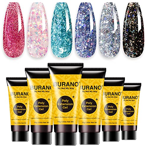 BURANO Glitter Poly Extension Gel Nail Kit with 6 Colors for DIY Nails