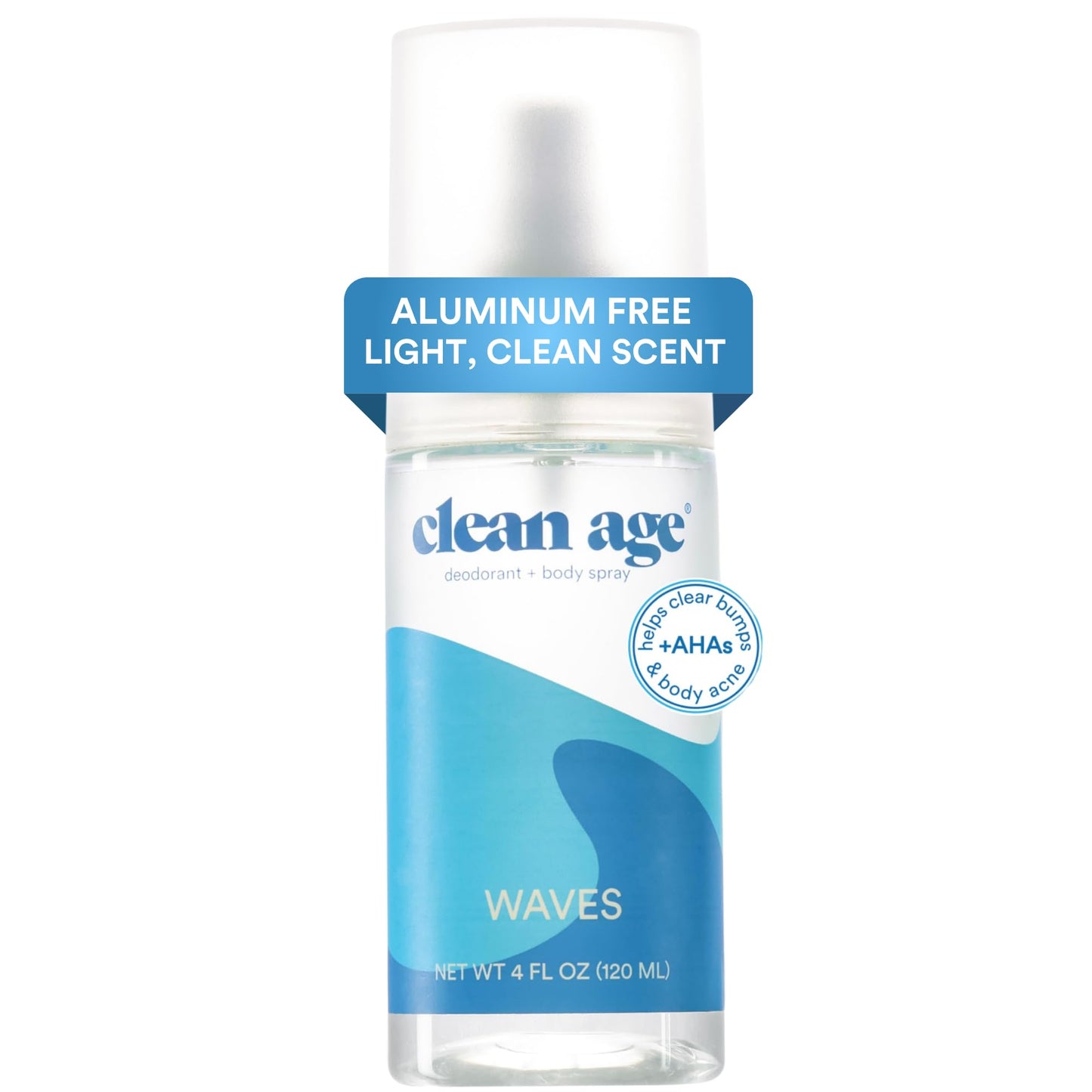 Clean Age - Aluminum Free Deodorant & Body Spray - Waves 4oz - Clean Deodorant and Body Spray for Teen Boys and Girls - With AHA For Body Acne