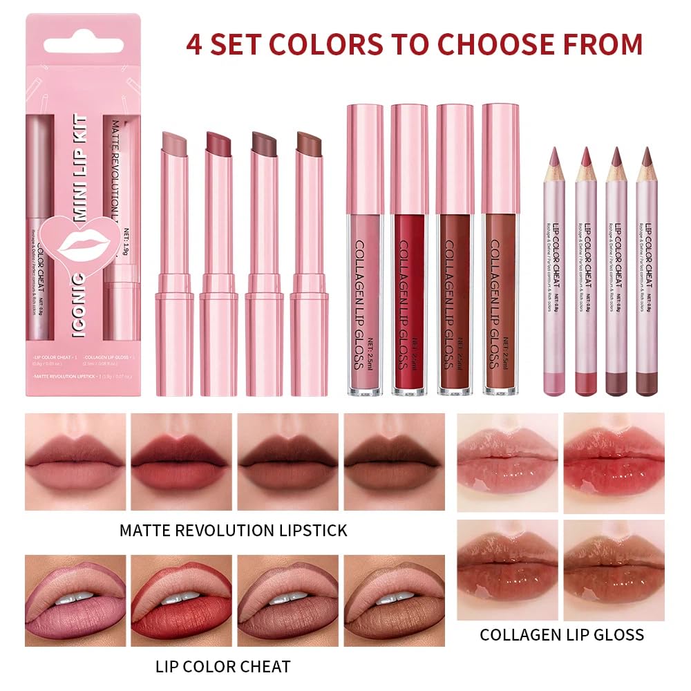 Mauve Rose Lip Makeup Kit - 5-Piece Lipstick, Liner & Gloss Set with Collagen Mask & Plumping Oil | Long-Lasting Dusty Rose Color for All Skin Tones