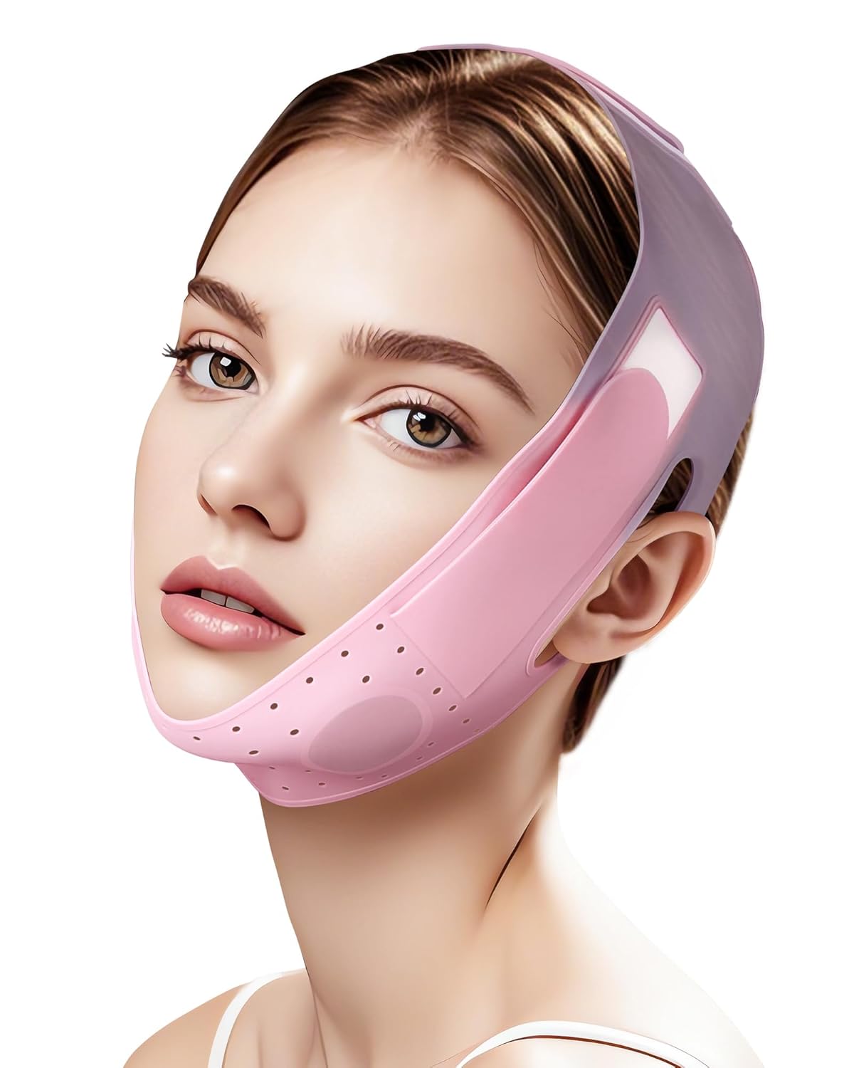 V-Line Sculpting Face Mask - Silicone Chin Strap for Jawline Tightening & Double Chin Reduction | Adjustable 23-27 Inches, Pink