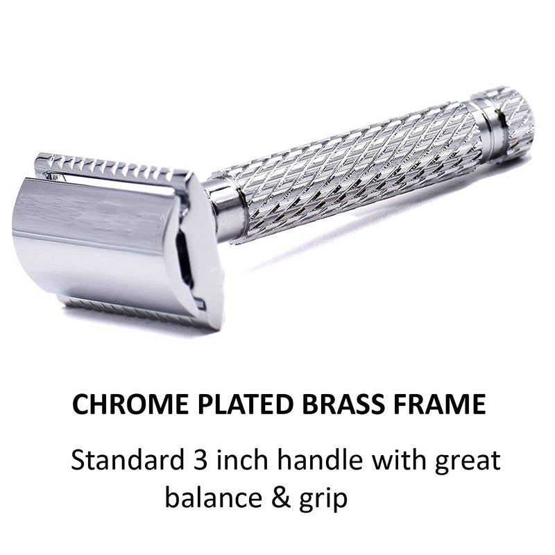 Parker 94R “Hefty” Double-Edge Safety Razor with Standard-Length Handle + 5 Premium Blades – Chrome-Plated Brass, Three-Piece Design, Balanced Weight for Classic Wet Shaving
