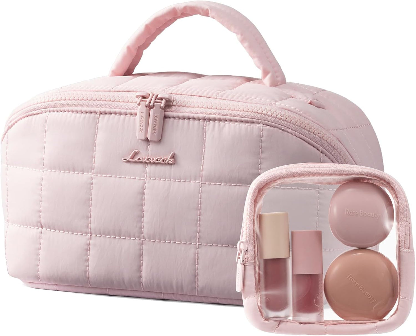 LOVEVOOK Travel Makeup Bag - Waterproof Cosmetic Organizer with Brush Compartment | Large Capacity Pouch in Pink, Medium