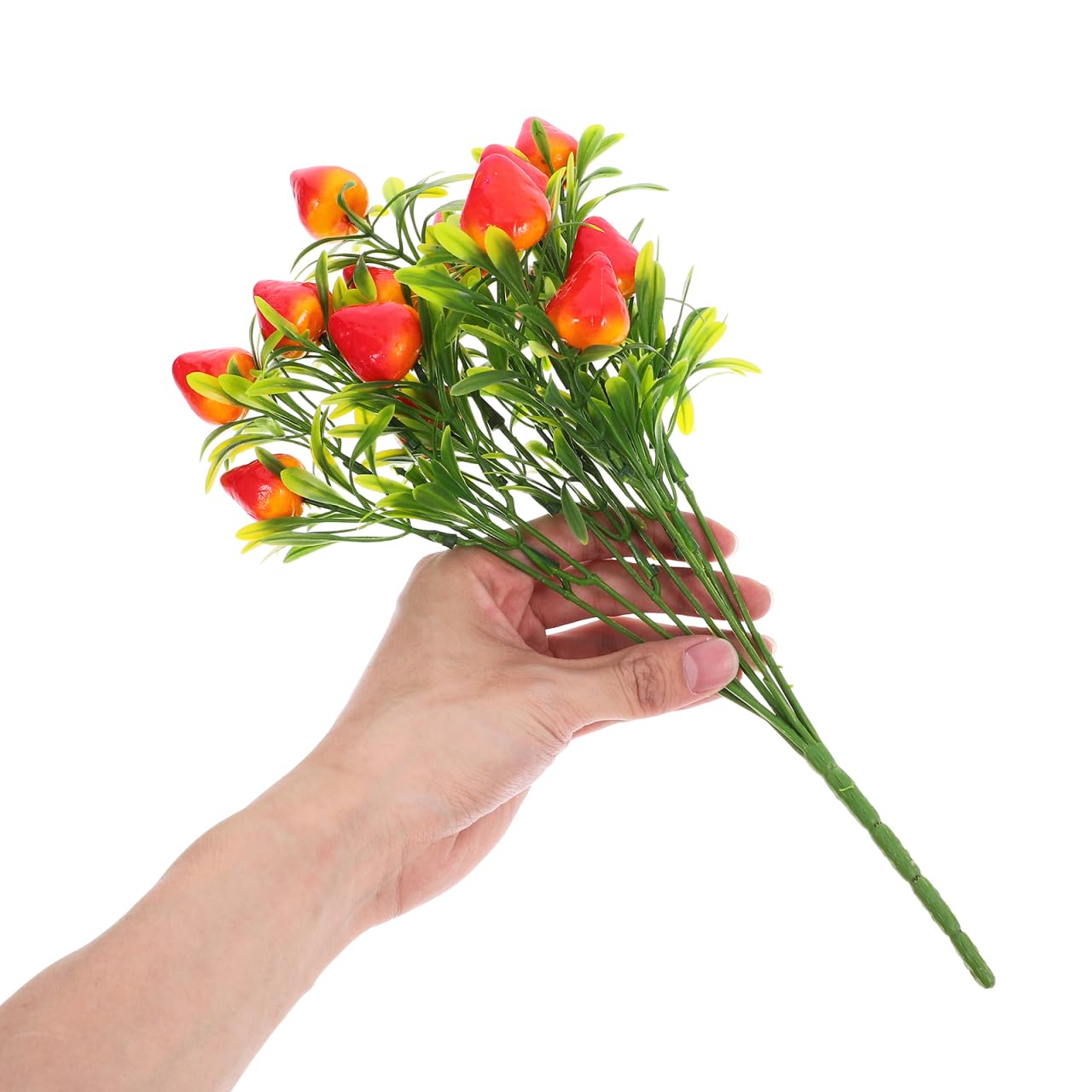 Housoutil Artificial Strawberry Plant Bouquet, 5PCS Fake Strawberries, Faux Fruits Stem Bouquet Arrangement Decor for Vase