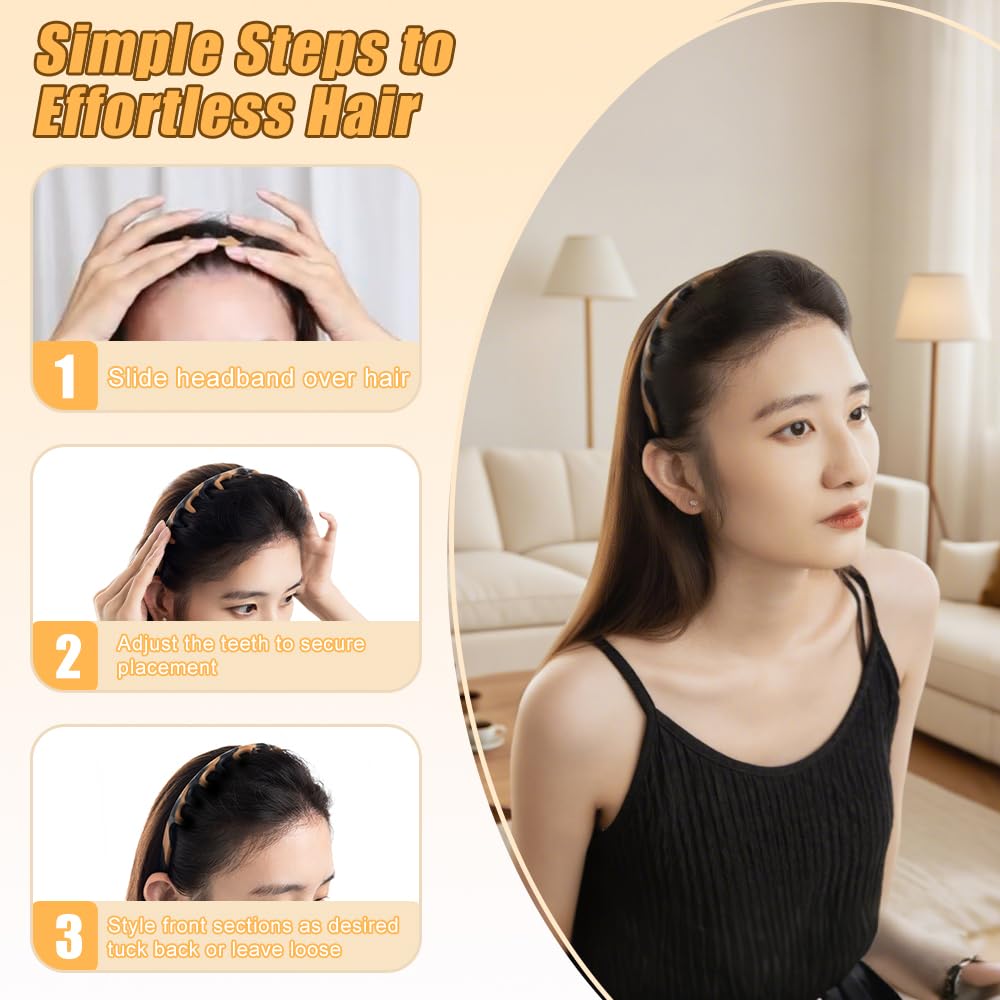 CUUCTGDA New U Shape Headbands for Women Non Slip,Fashion Accessories for Slicked Back Styles,Soft Stretchable Silicone Headband,Comfortable Comb Headband with Teeth 2 Pack（Tortoise & Black）