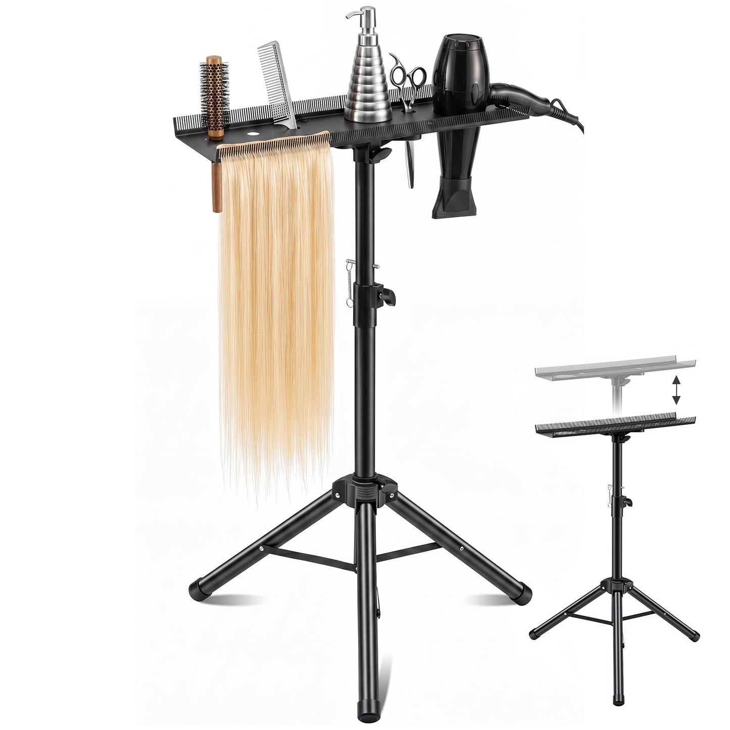LEIFIDE Stainless Steel Braiding Rack, Hair Extension Holder, Braiding Rack Stand Tripod, Height Adjustable 30.12-39.96 Inches, Foldable Extension Salon Tray, Black