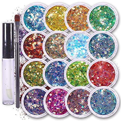 Festival Glitter Makeup Set - 16 Colors Holographic Body & Hair Glitter with Glue