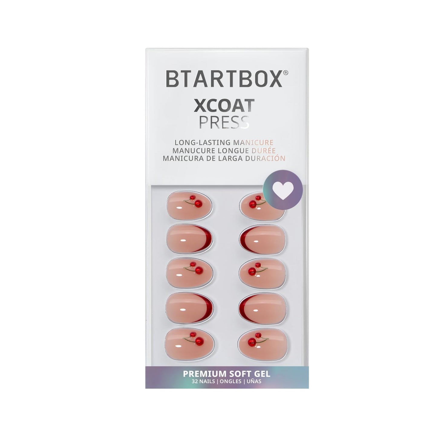 BTArtbox Press On Nails, Cherry Charm, XS Almond, Red French Tip, 32Ct
