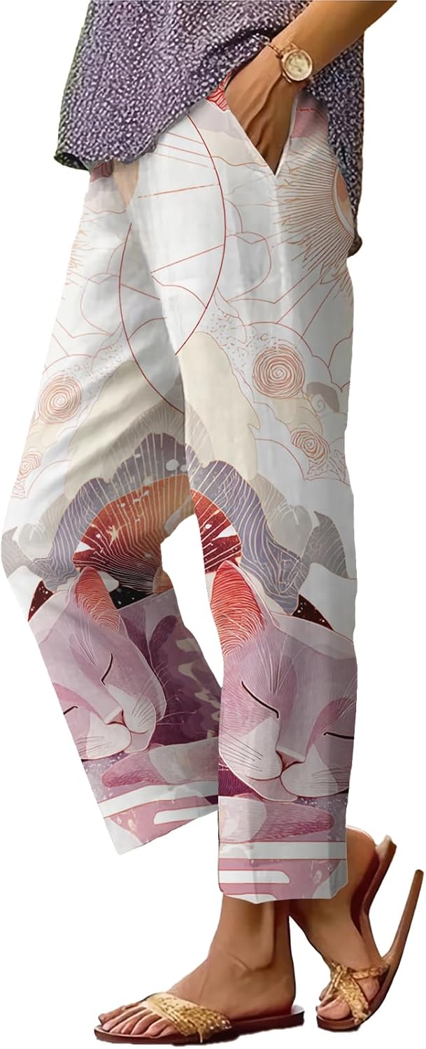 Womens Plus Size Floral Boho Capris - Elastic Waist Beach Trousers | Casual Summer Pants
