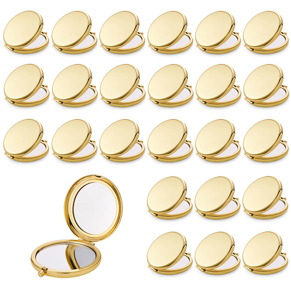 Daricano Compact Mirror for Purse, Metal Round Shell, Double-Sided 1X/2X Magnifying, Portable Travel Small Makeup Mirror, Mini Pocket Mirror, Gold,24 Packs