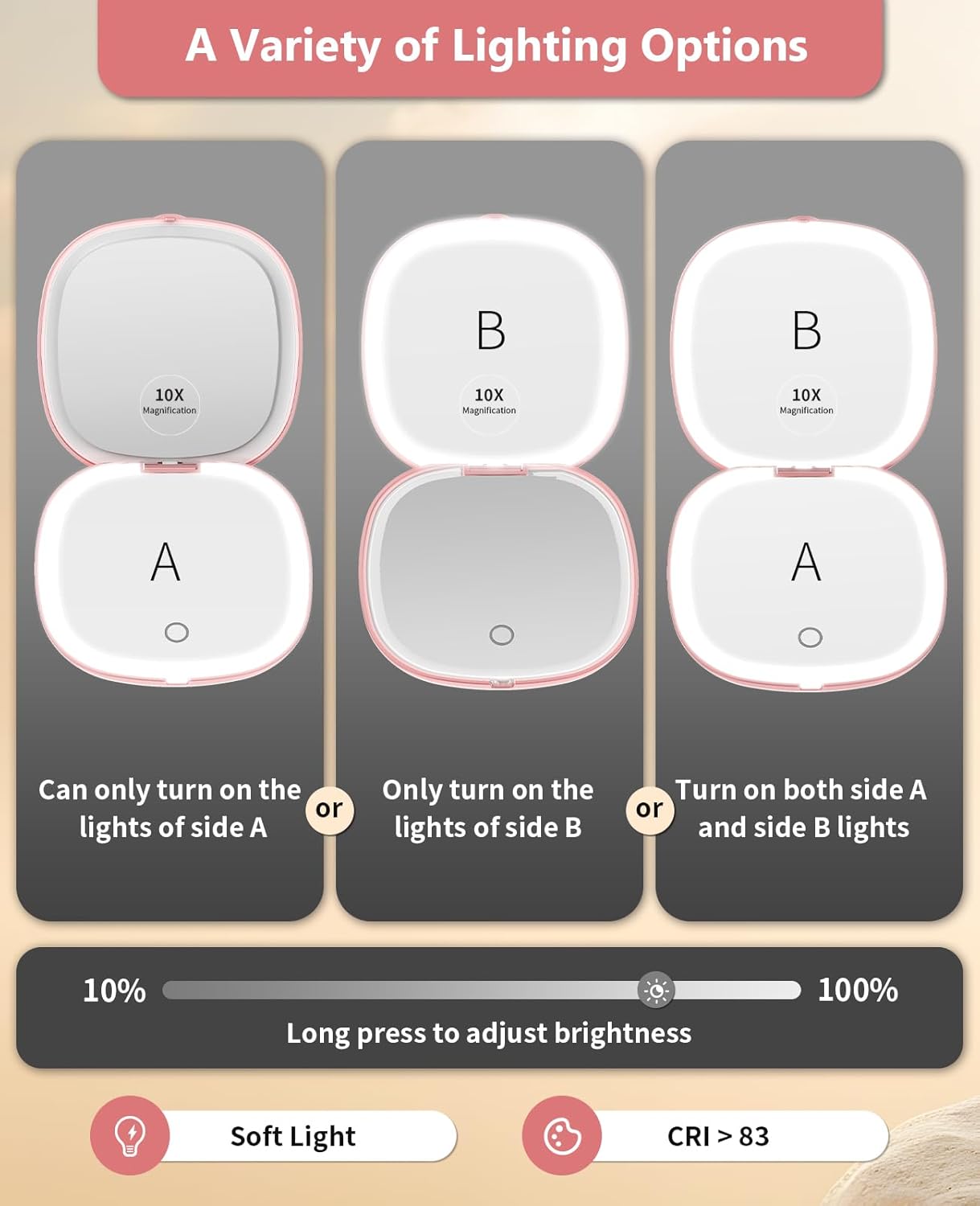 Rechargeable Lighted Travel Makeup Mirror - 1x/10x Compact Magnifying | Portable 4-Inch Rose Gold