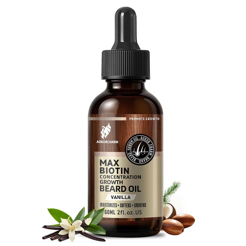 aokur Biotin Beard Growth Oil for Men - Vitamin B5 & Castor Oil Formula, Promote Thicker Fuller Beard, Daily Care, Styling & Taming, Hydrating, Lightweight Non-Greasy, Vanilla 2oz Gift for Him