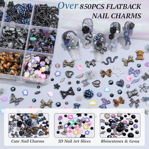 850-Piece 3D Nail Art Charms Kit with Rhinestones & Pearls