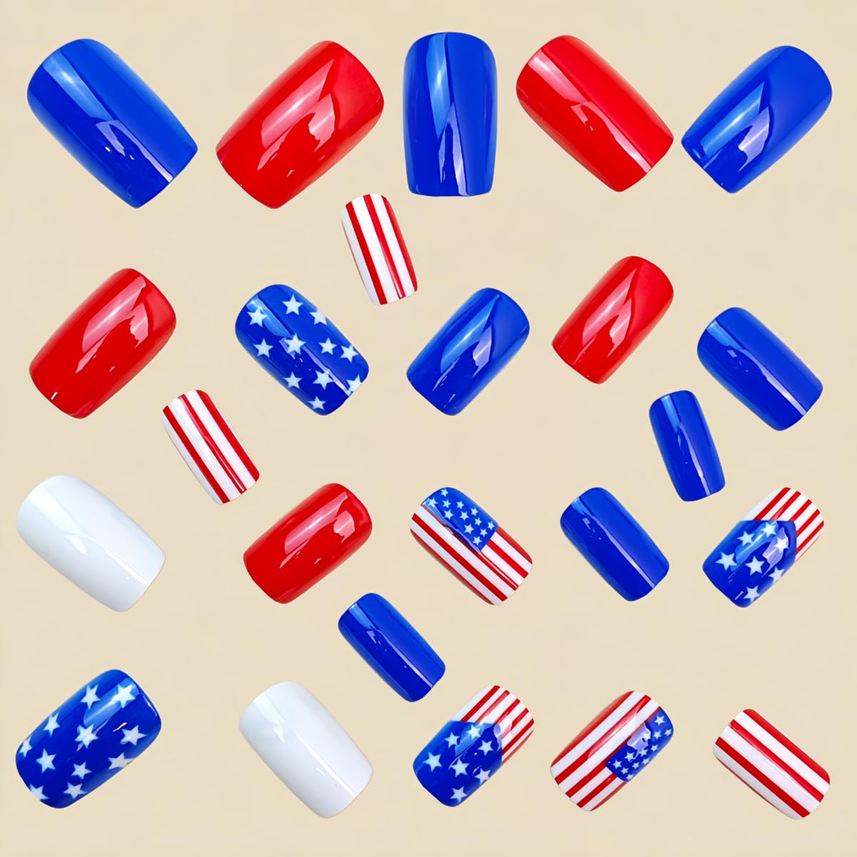 4th of July Press on Nails Medium Square Patriotic Fake Nails with Designs American Flag | Star,Red White Blue 4th of July Nails Independence Day Full Cover Stick on Nail for Women Manicure 24Pcs